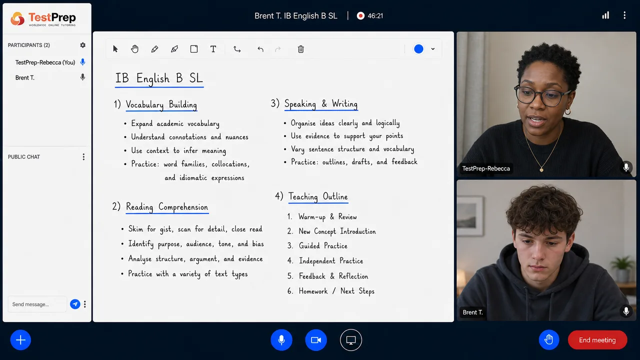 IB English B SL lesson: vocabulary, reading comprehension and speaking-and-writing techniques set out on the board