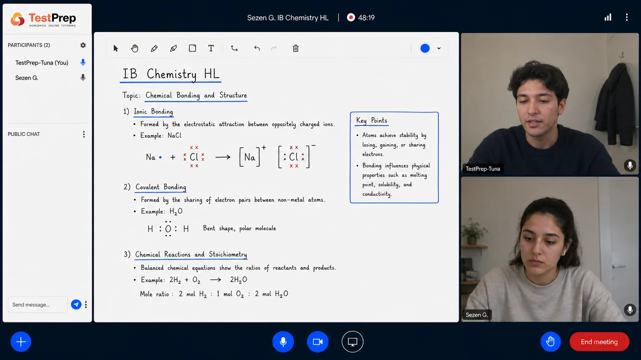 درس IB Chemistry HL: الروابط الأيونية والتساهمية وحل تفاعل حسابيًا وفق الحسابات الكيميائية (Stoichiometry) على السبورة