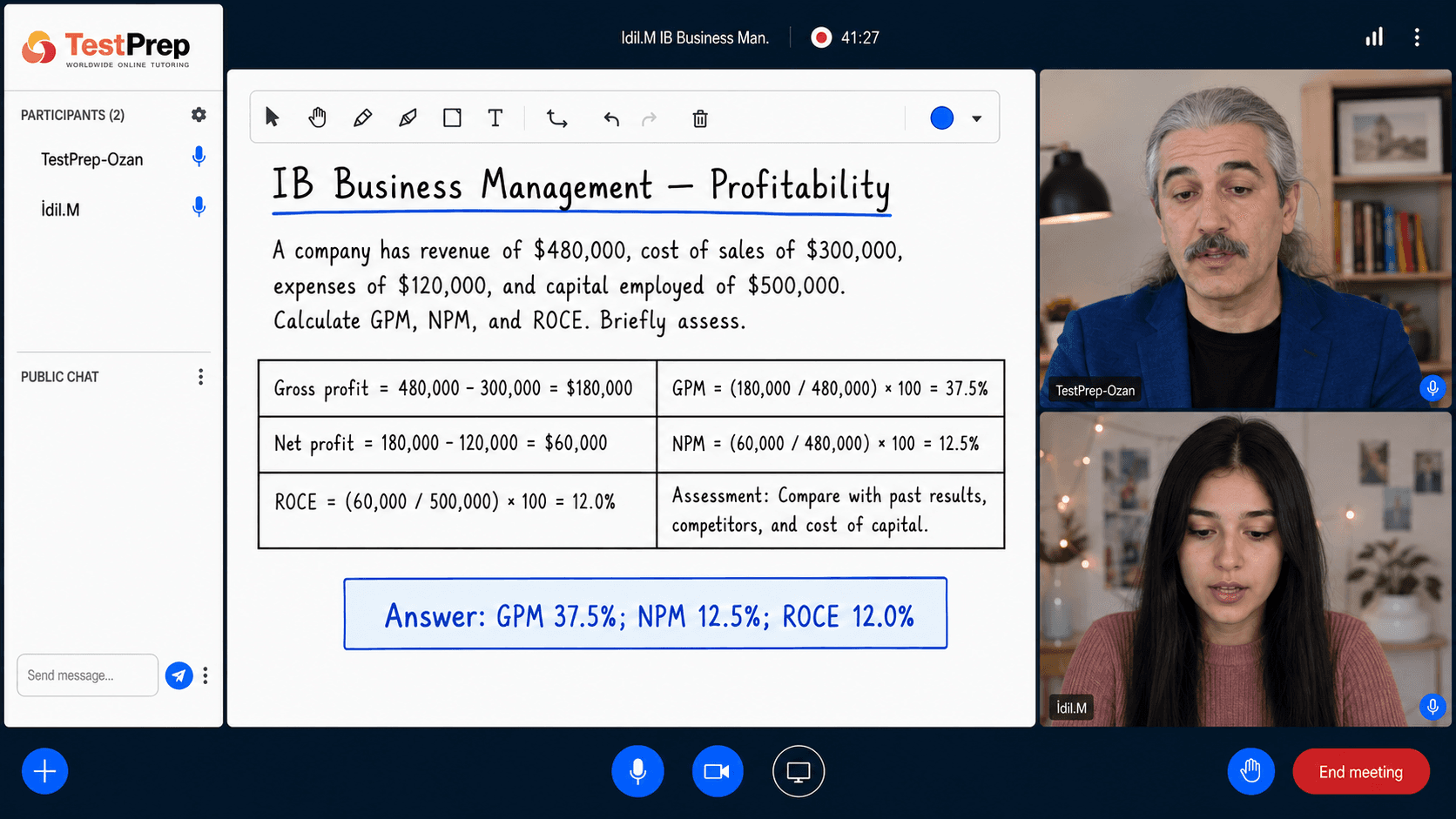 شاشة درس IB Business Management وحل الأسئلة عبر الإنترنت لدى TestPrep