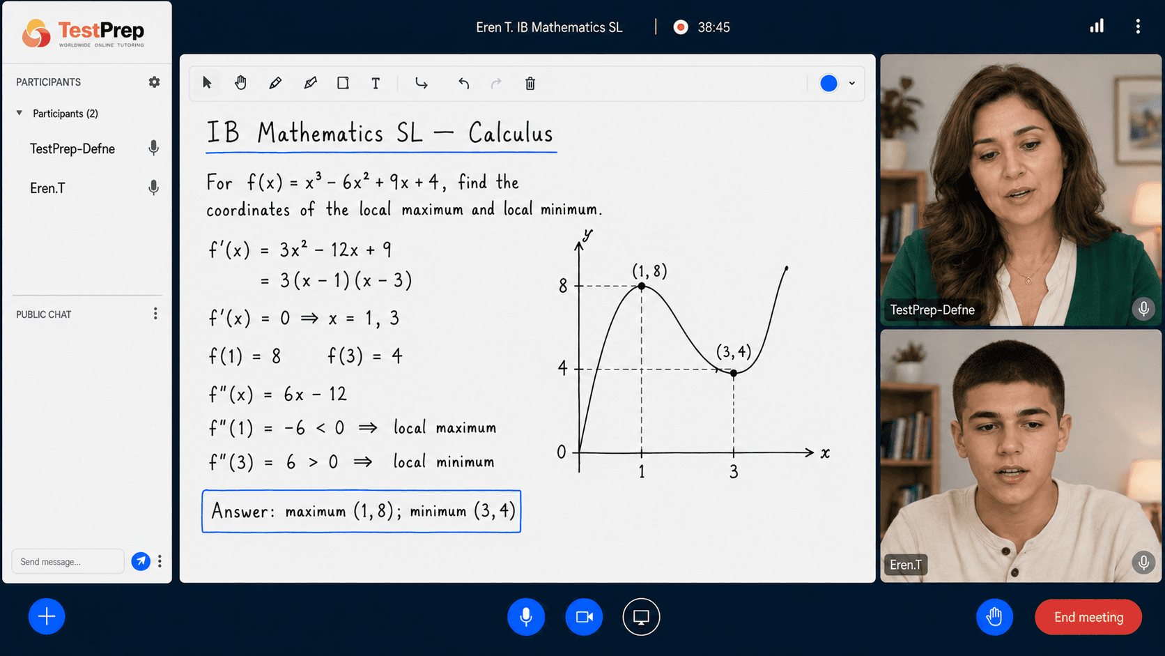 Canlı IB dersi: IB Mathematics SL türev sorusunda yerel maksimum ve minimumun bulunması