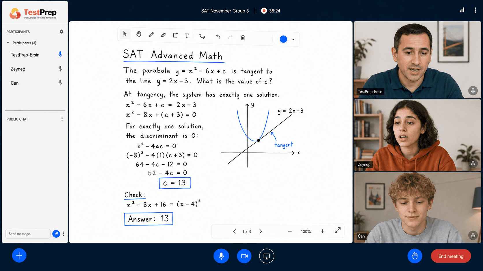 Canlı SAT dersi: Advanced Math sorusunun beyaz tahtada adım adım çözümü, cevap kutu içine alınmış