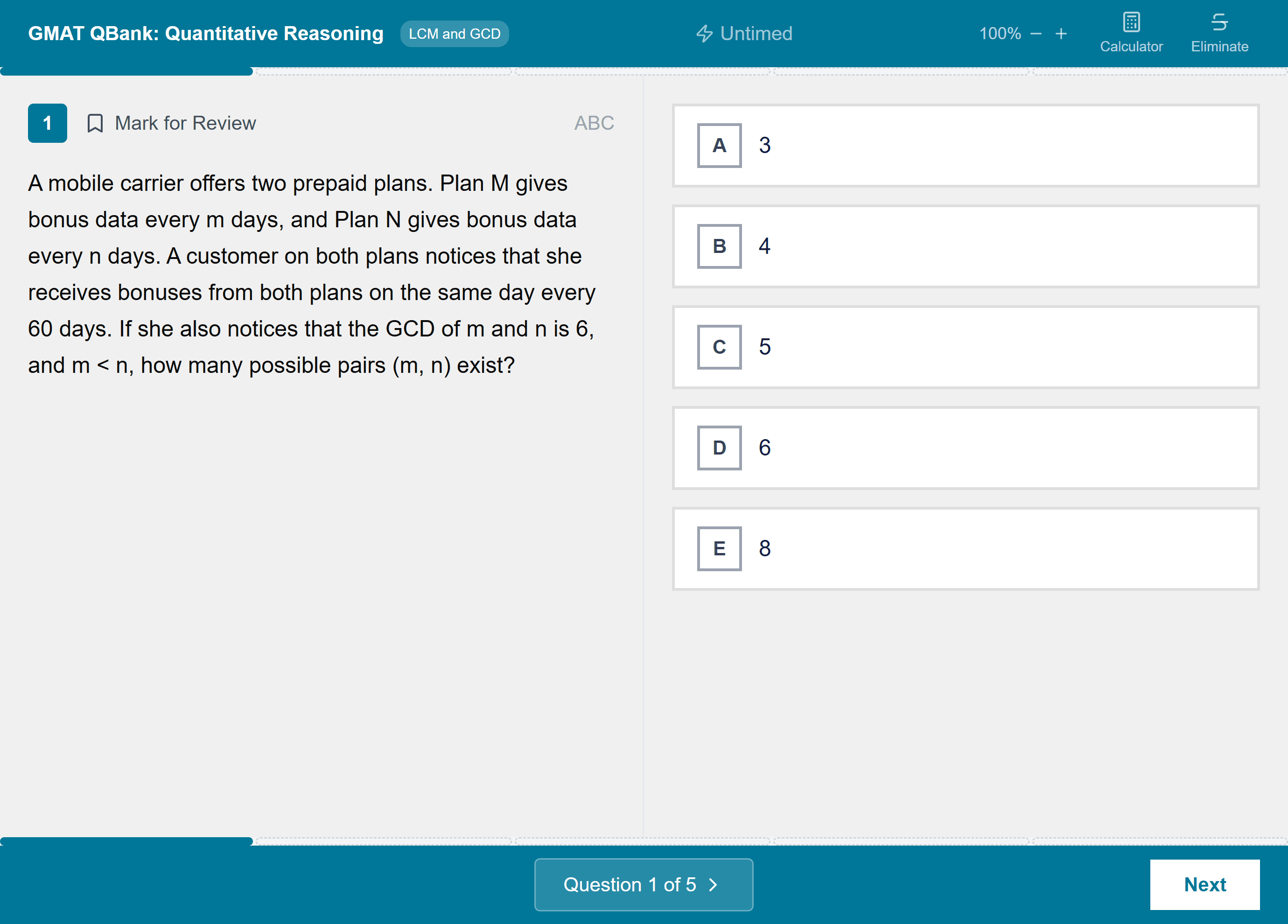 GMAT question bank screen: a Quantitative Reasoning question with five answer choices