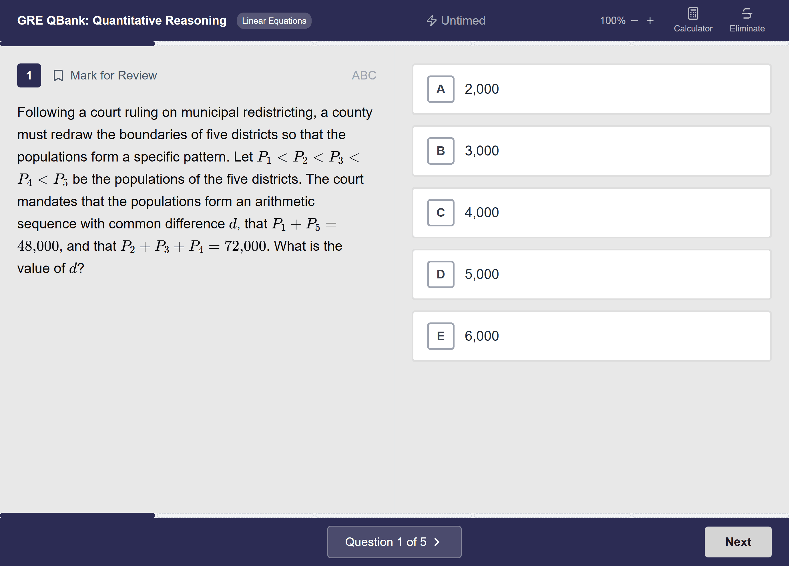 GRE question bank screen: a Quantitative Reasoning question with five answer choices