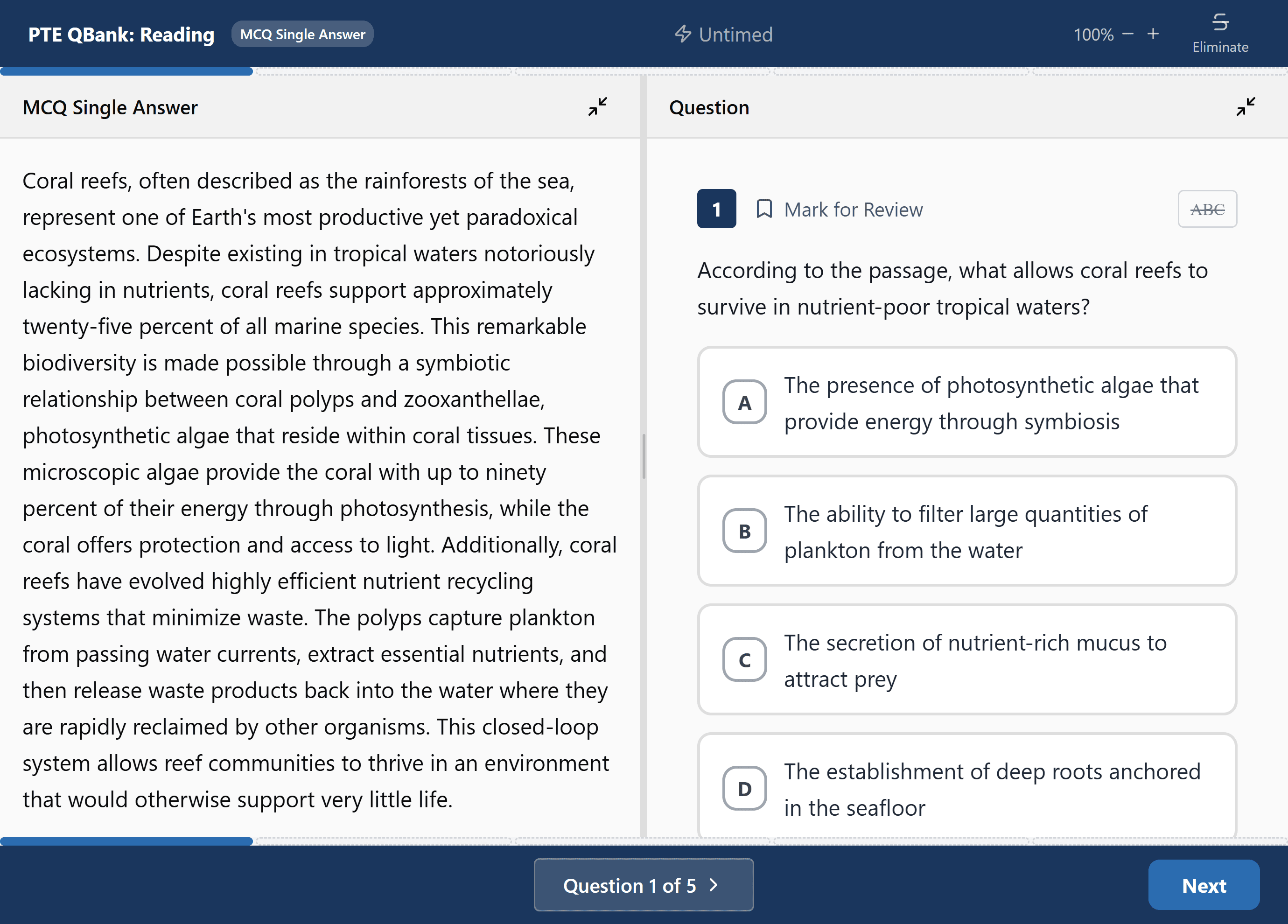 PTE question bank screen: a Reading passage with a multiple-choice question