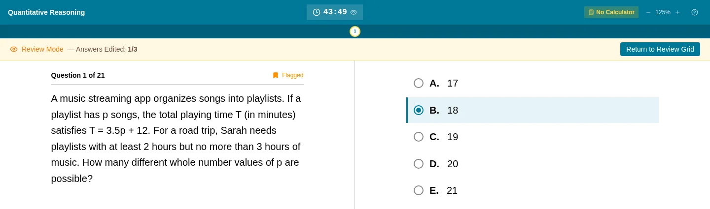 محاكي GMAT لدى TestPrep في وضع المراجعة: سؤال Quantitative Reasoning بخمسة خيارات، مع مؤقّت القسم وعدّاد تعديل الإجابات