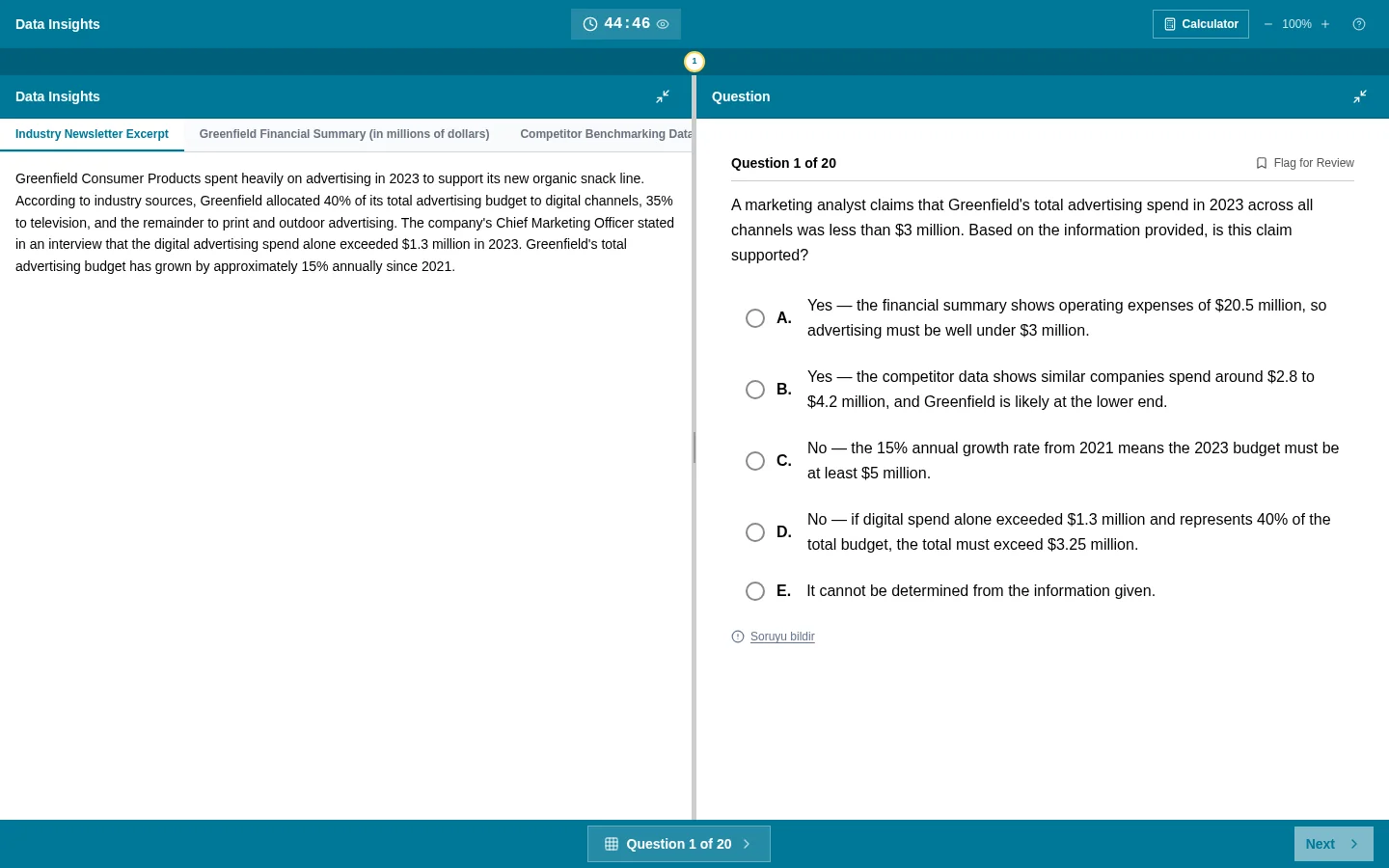 TestPrep GMAT simülatörü: sekmeli kaynaklarla bir Data Insights sorusu, beş şık, süre sayacı ve hesap makinesi düğmesi
