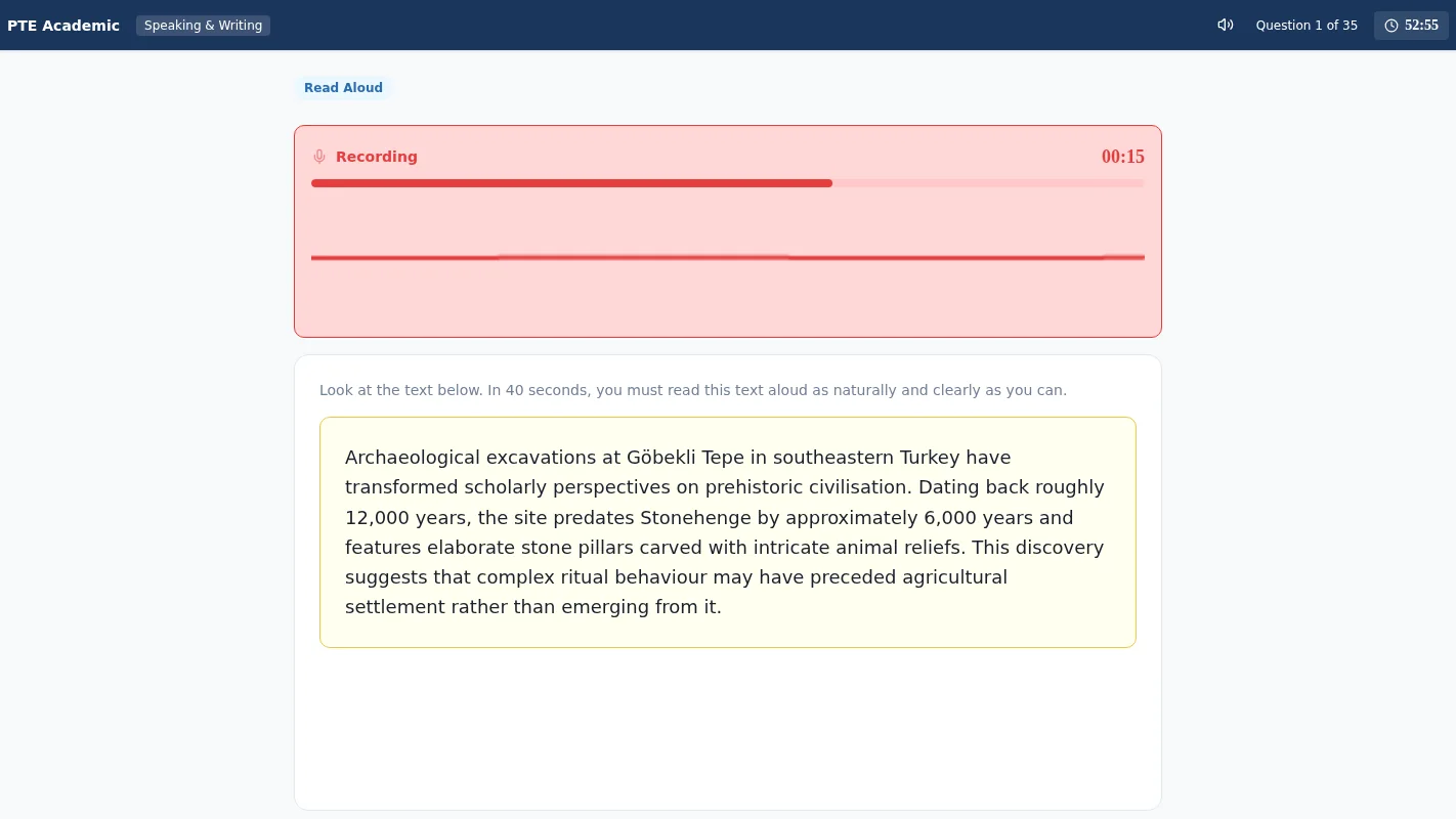 The TestPrep PTE Academic simulator: a Read Aloud task recording, with its countdown and the text to read aloud