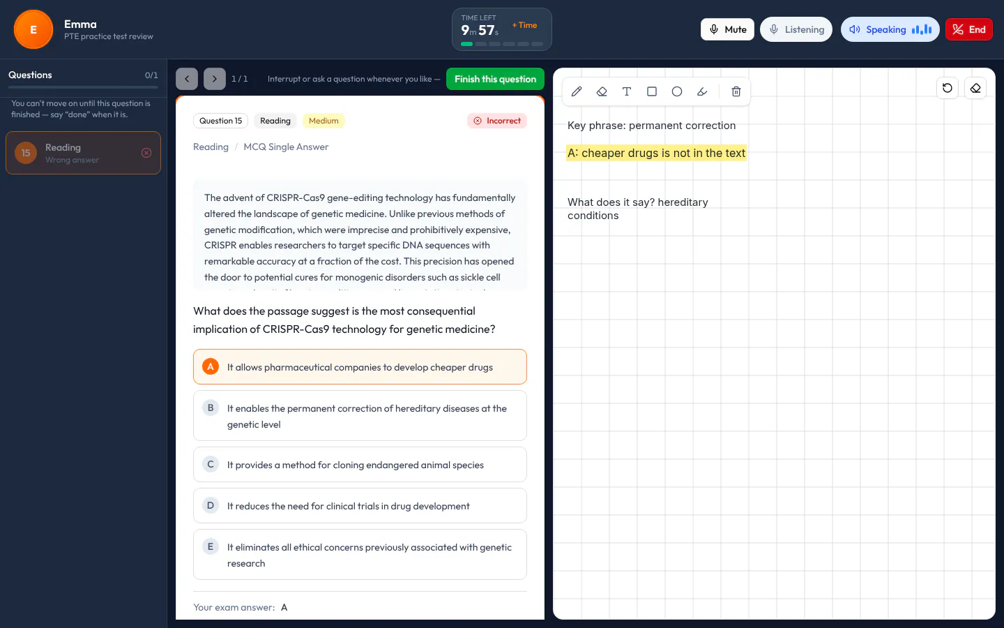 AI Tutor lesson screen: the wrong and blank questions on the left, a PTE Reading multiple-choice question on a passage about CRISPR in the middle, and the tutor's steps written one under another on the board on the right.