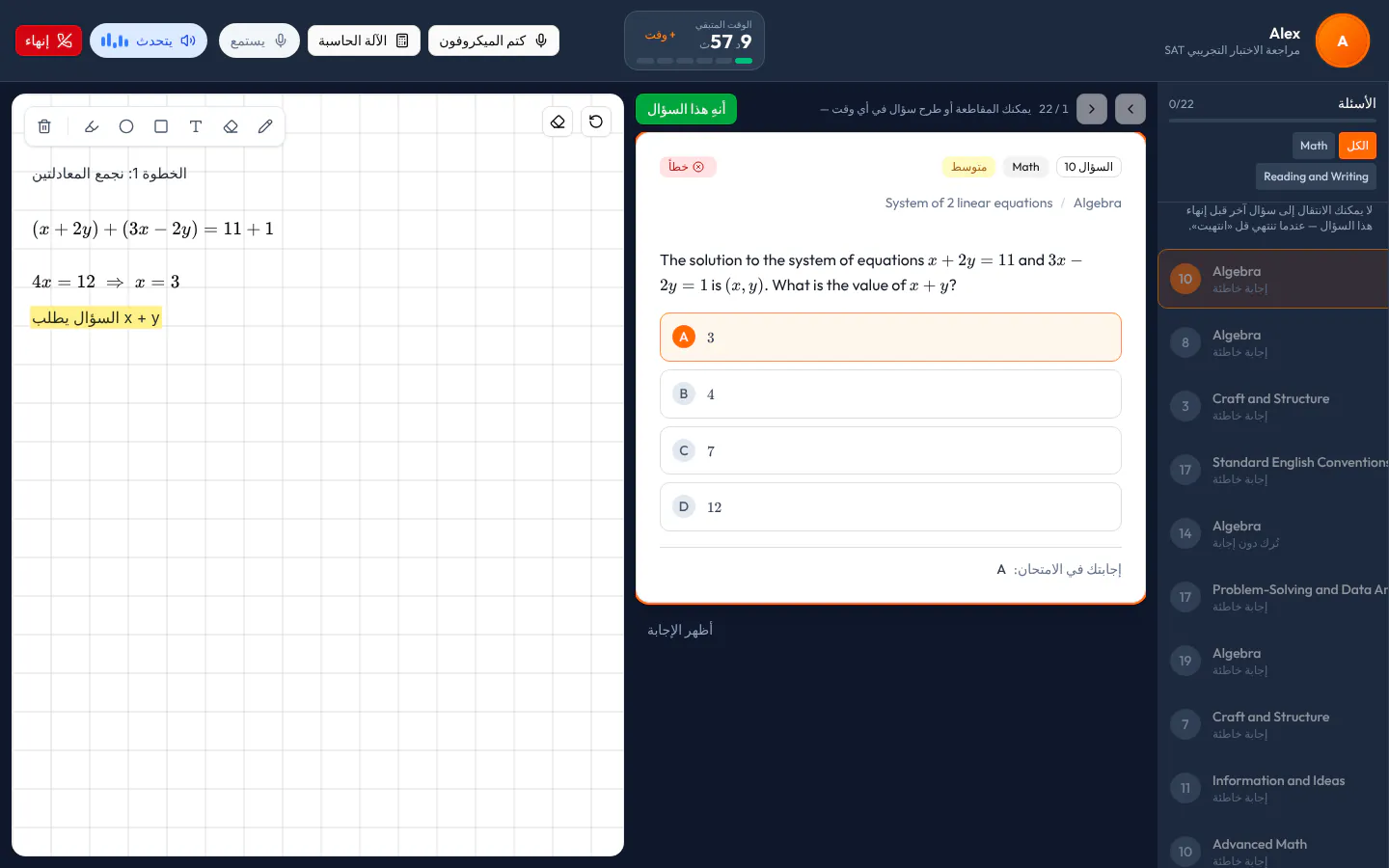 شاشة درس AI Tutor: على اليسار الأسئلة الخاطئة والمتروكة، وفي الوسط سؤال من SAT Math (قيمة x + y في النظام x + 2y = 11 و3x − 2y = 1)، وعلى اليمين خطوات المعلّم مكتوبة على السبورة واحدة تحت الأخرى.